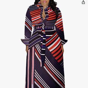Women's Striped Print V Neck 3/4 Sleeve High Slit Long Maxi Dress without belt